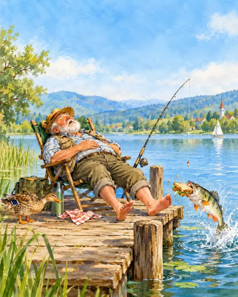 Angler schläft auf dem Steg, ein Fisch springt aus dem See und klaut sein Brot
