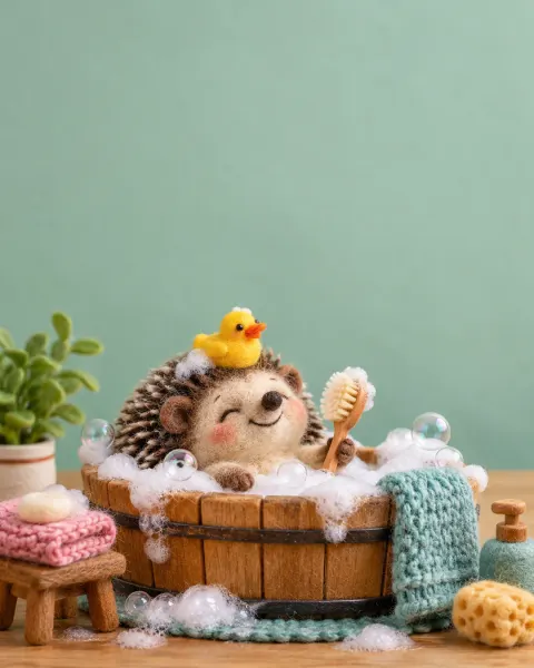 Igel aus Filz badet in einer Holzwanne voller Schaum, eine Ente sitzt auf seinem Kopf