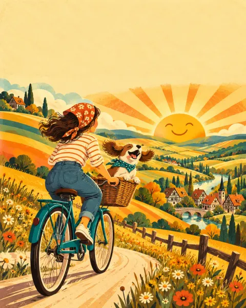 Frau radelt mit Hund im Fahrradkorb über bunte Hügel zur lachenden Sonne