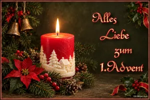 Rote Adventskerze mit Glocken, Text: Alles Liebe zum 1