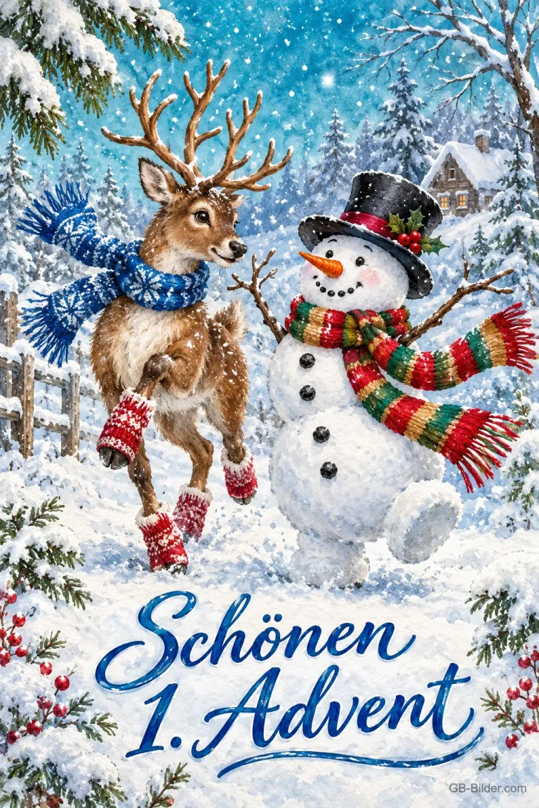 Rentier mit Schal und Schneemann mit Zylinder tanzen im Schnee, Text: Schönen 1. Advent