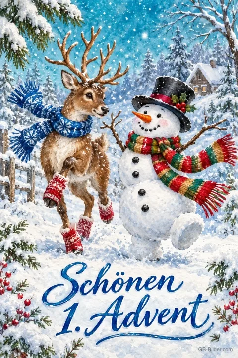 Rentier mit Schal und Schneemann mit Zylinder tanzen im Schnee, Text: Schönen 1. Advent Rentier mit Schal und Schneemann mit Zylinder tanzen im Schnee, Text: Schönen 1. Advent