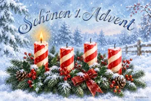 Vier rot-weiß gestreifte Kerzen im Schnee, eine brennt, Text: Schönen 1. Advent