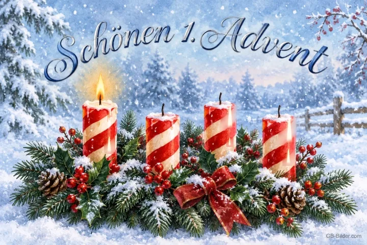 Vier rot-weiß gestreifte Kerzen im Schnee, eine brennt, Text: Schönen 1. Advent Vier rot-weiß gestreifte Kerzen im Schnee, eine brennt, Text: Schönen 1. Advent