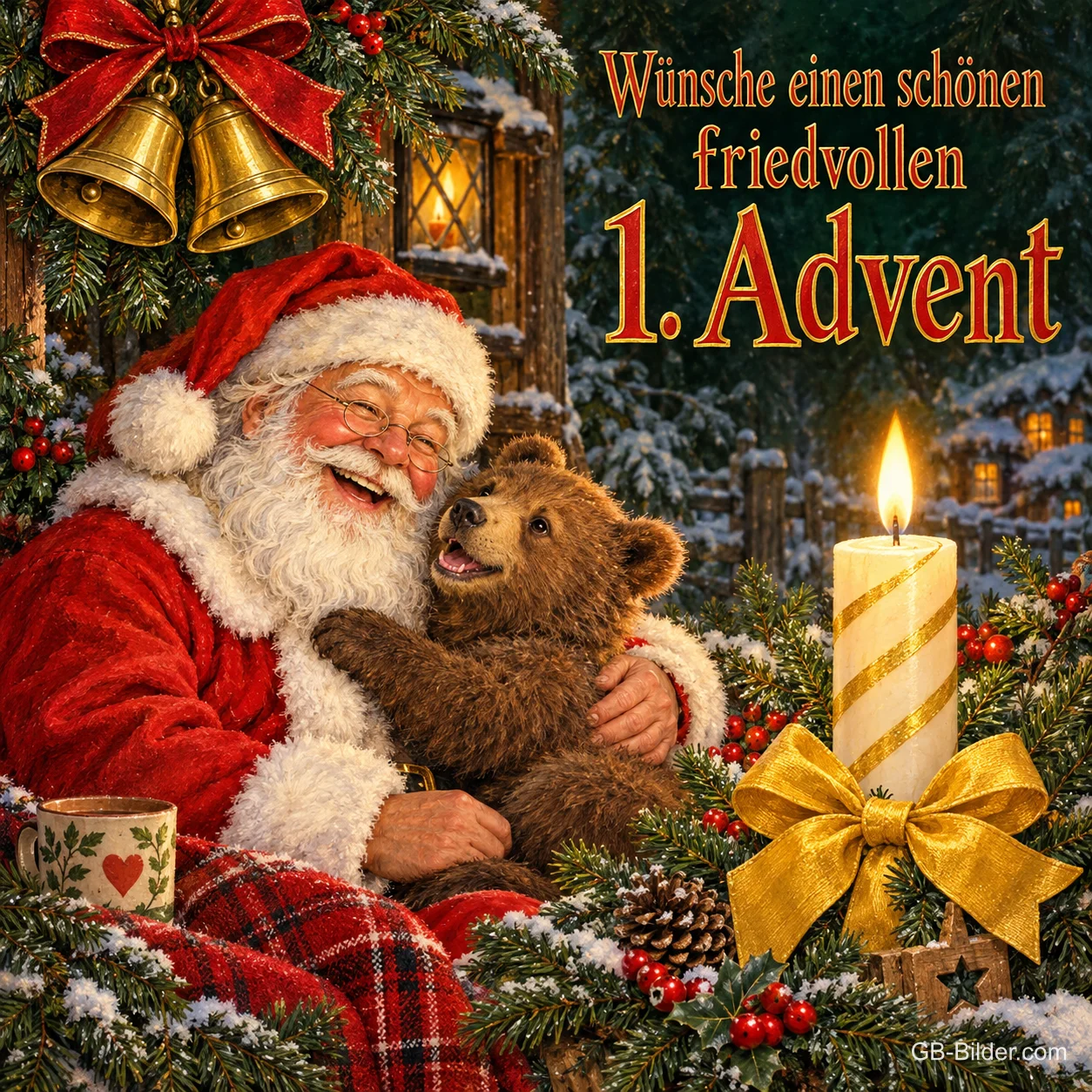 Lachender Weihnachtsmann umarmt einen Teddybären neben einer Kerze, Text: Wünsche einen schönen friedvollen 1. Advent