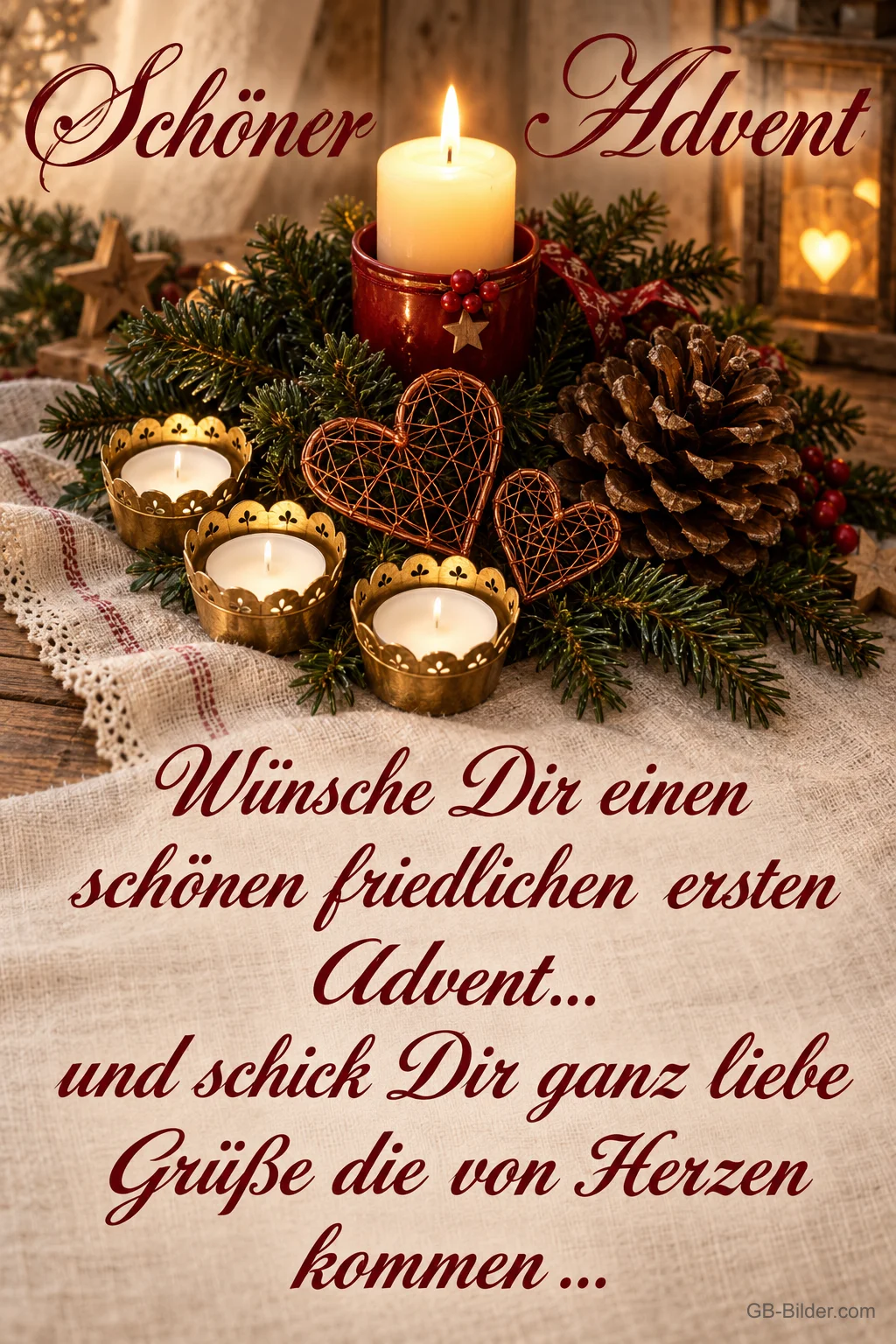 Adventsgesteck mit Herzen, Text: Schöner Advent
