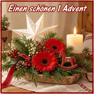 Adventsgesteck mit Stern, Text: Einen schönen 1 Advent