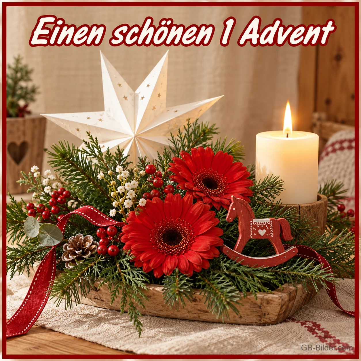 Adventsgesteck mit Stern, Text: Einen schönen 1 Advent