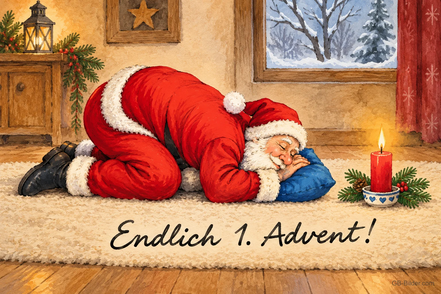 Weihnachtsmann schläft bäuchlings auf dem Teppich neben einer brennenden Kerze, Text: Endlich 1. Advent! Weihnachtsmann schläft bäuchlings auf dem Teppich neben einer brennenden Kerze, Text: Endlich 1. Advent!