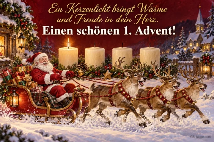 Vier Kerzen, eine brennt, Weihnachtsmann im Rentierschlitten im verschneiten Dorf, Text: Ein Kerzenlicht bringt Wärme und Freude in dein Herz. Einen schönen 1. Advent! Vier Kerzen, eine brennt, Weihnachtsmann im Rentierschlitten im verschneiten Dorf, Text: Ein Kerzenlicht bringt Wärme und Freude in dein Herz. Einen schönen 1. Advent!