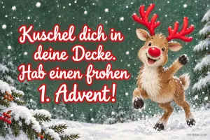 Rentier mit roter Nase springt fröhlich durch den verschneiten Wald, Text: Kuschel dich in deine Decke. Hab einen frohen 1. Advent!