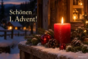 Brennende rote Kerze auf einem verschneiten Fensterbrett, Text: Schönen 1. Advent!