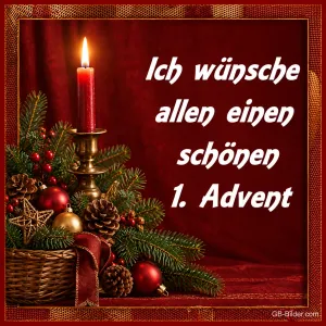 Kerze über Adventskorb, Text: Ich wünsche allen einen schönen 1