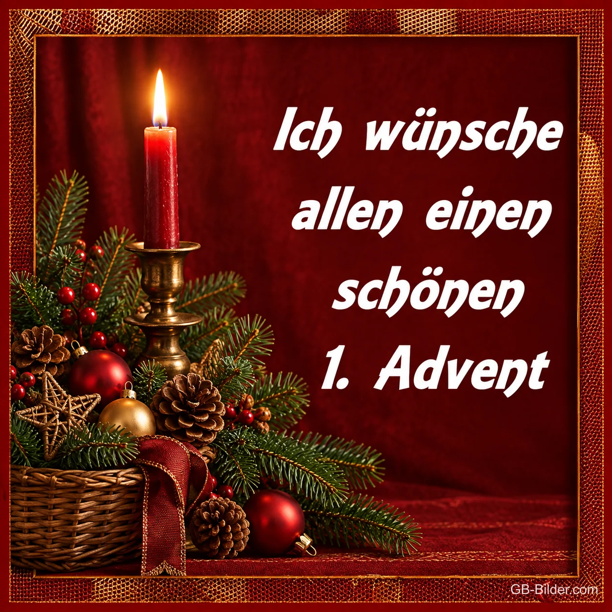 Kerze über Adventskorb, Text: Ich wünsche allen einen schönen 1