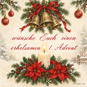 Goldene Glocken mit roter Schleife über einer brennenden Kerze und Weihnachtssternen, Text: wünsche Euch einen erholsamen 1. Advent