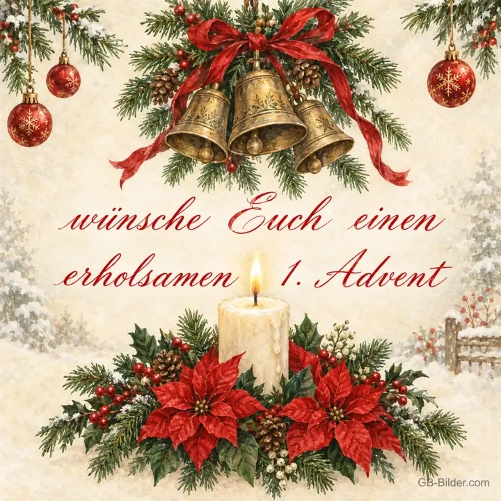 Goldene Glocken mit roter Schleife über einer brennenden Kerze und Weihnachtssternen, Text: wünsche Euch einen erholsamen 1. Advent