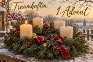 Adventskranz mit vier weißen Kerzen, eine brennt, Text: Traumhaften 1. Advent