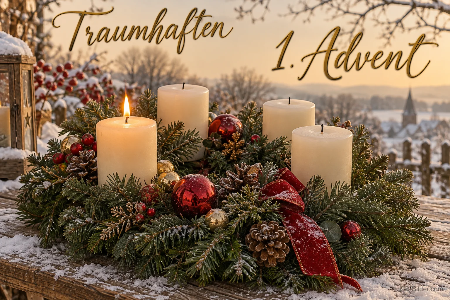 Adventskranz mit vier weißen Kerzen, eine brennt, Text: Traumhaften 1. Advent Adventskranz mit vier weißen Kerzen, eine brennt, Text: Traumhaften 1. Advent