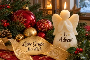 Engelkerze mit Aufschrift neben roten und goldenen Kugeln, Text: Liebe Grüße für dich – 1. Advent