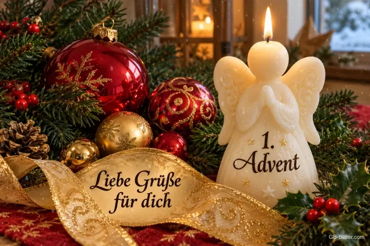 Engelkerze mit Aufschrift neben roten und goldenen Kugeln, Text: Liebe Grüße für dich – 1. Advent Engelkerze mit Aufschrift neben roten und goldenen Kugeln, Text: Liebe Grüße für dich – 1. Advent