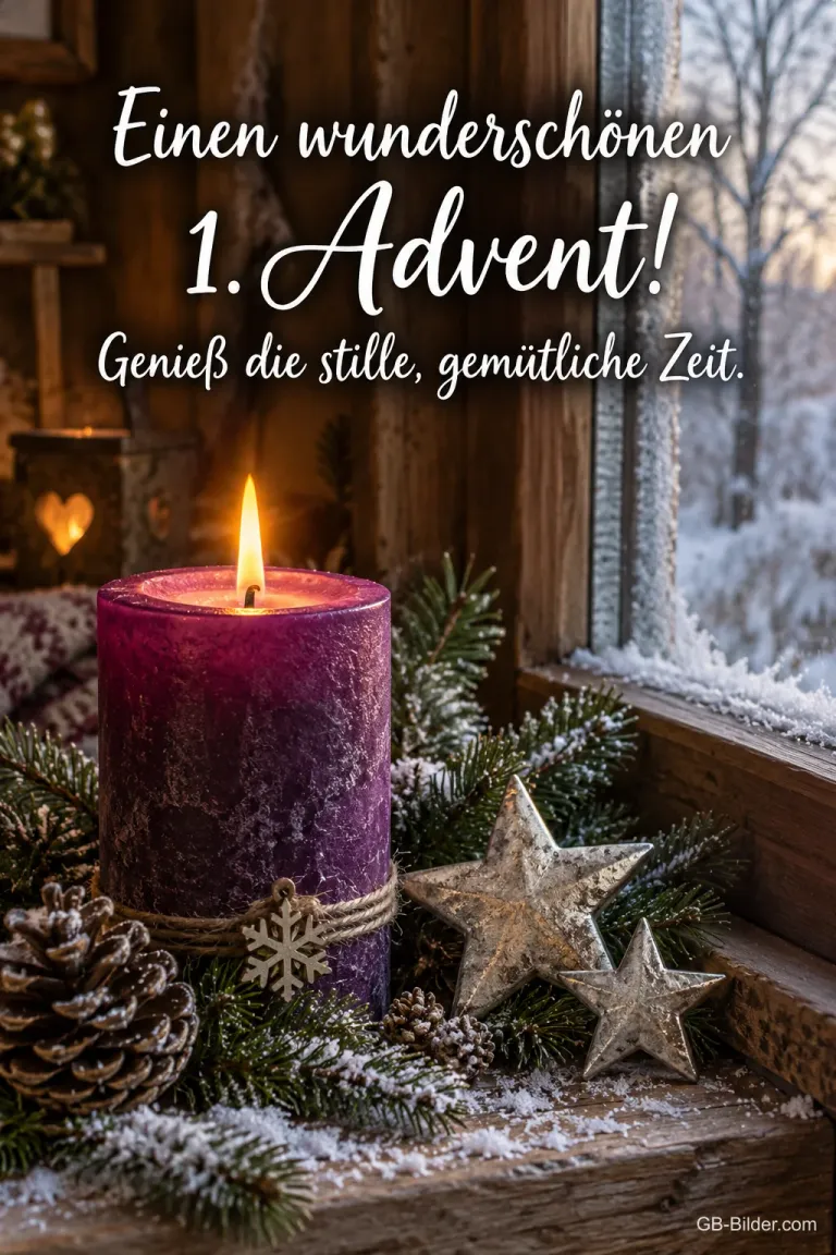 Brennende lila Kerze neben Holzsternen am Fenster, Text: Einen wunderschönen 1. Advent! Genieß die stille, gemütliche Zeit.