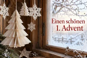 Papiertannenbaum und Schneeflocken am verschneiten Fenster, Text: Einen schönen 1. Advent