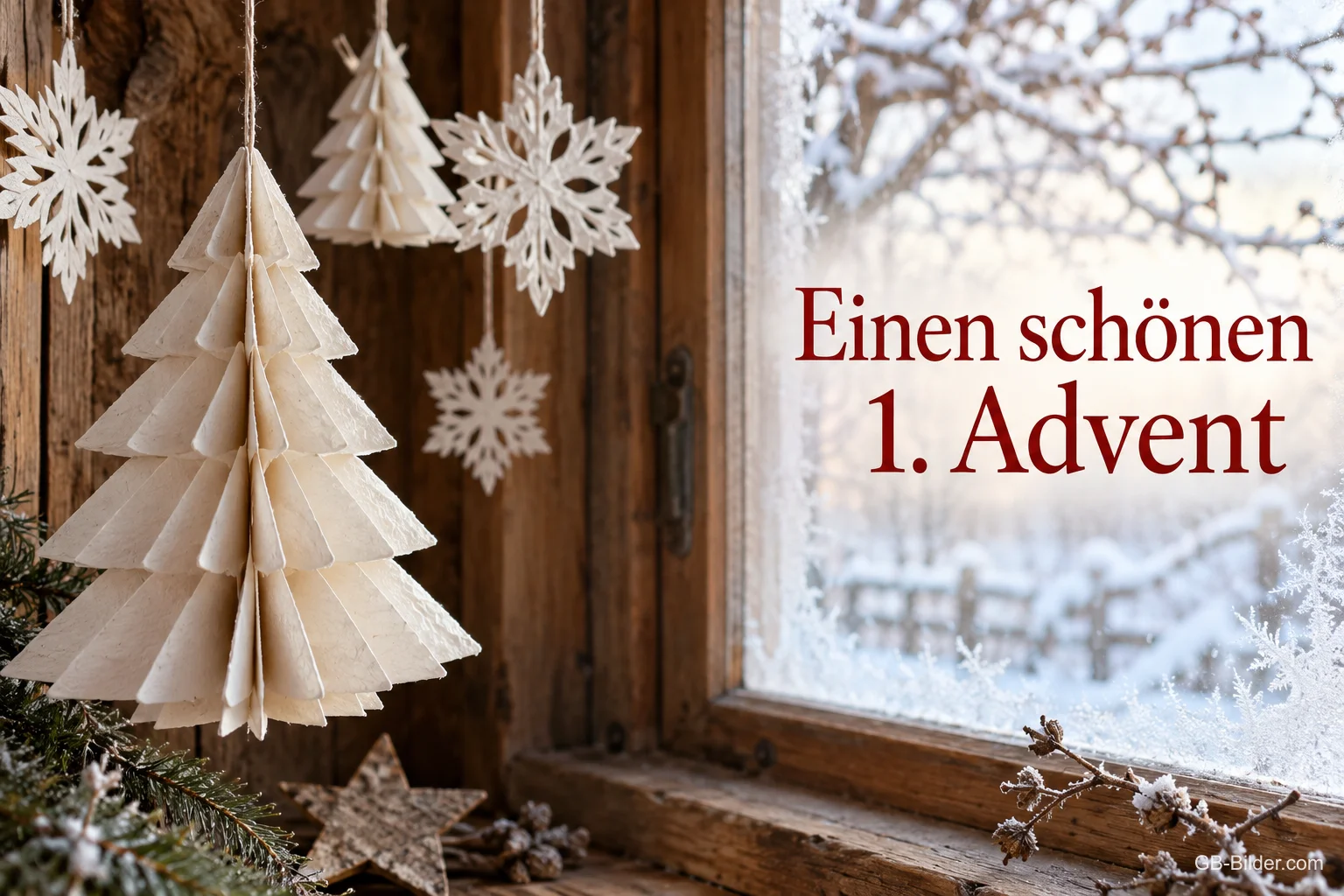 Papiertannenbaum und Schneeflocken am verschneiten Fenster, Text: Einen schönen 1. Advent Papiertannenbaum und Schneeflocken am verschneiten Fenster, Text: Einen schönen 1. Advent