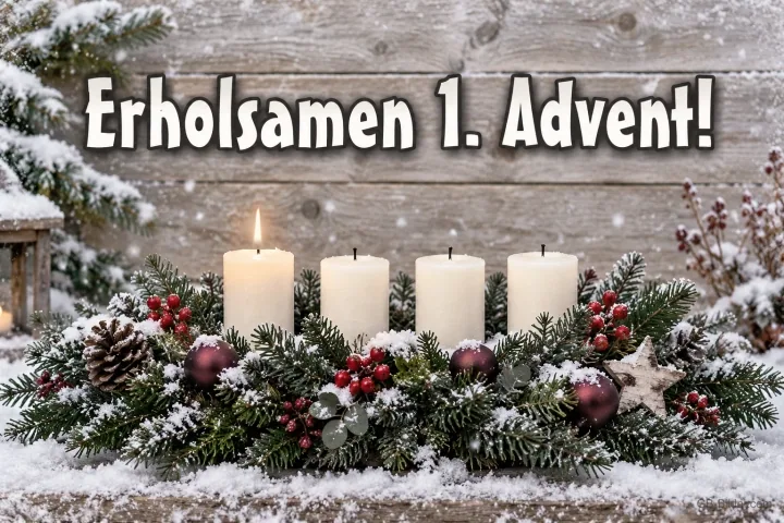 Vier weiße Kerzen zwischen Tannengrün im Schnee, eine brennt, Text: Erholsamen 1. Advent!