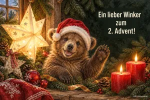 Bärenjunges mit Mütze winkt neben zwei brennenden Kerzen und Stern, Text: Ein lieber Winker – zum 2. Advent!