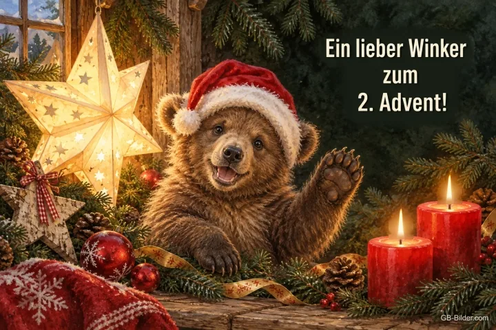 Bärenjunges mit Mütze winkt neben zwei brennenden Kerzen und Stern, Text: Ein lieber Winker – zum 2. Advent! Bärenjunges mit Mütze winkt neben zwei brennenden Kerzen und Stern, Text: Ein lieber Winker – zum 2. Advent!