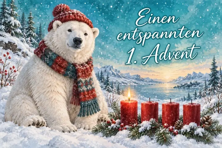 Eisbär mit Mütze und Schal neben vier roten Kerzen, eine brennt, Text: Einen entspannten 1. Advent Eisbär mit Mütze und Schal neben vier roten Kerzen, eine brennt, Text: Einen entspannten 1. Advent