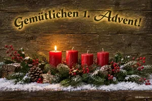Adventsgesteck mit einer Kerze, Text: Gemütlichen 1