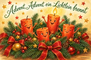 Vier fröhliche Kerzen mit Armen tanzen im Adventskranz, eine brennt, Text: Advent, Advent ein Lichtlein brennt