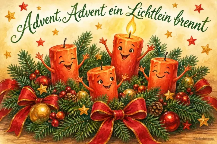 Vier fröhliche Kerzen mit Armen tanzen im Adventskranz, eine brennt, Text: Advent, Advent ein Lichtlein brennt