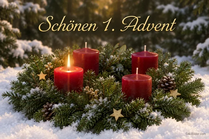 Adventskranz mit roten Kerzen im Schnee, eine davon brennt, Text: Schönen 1. Advent