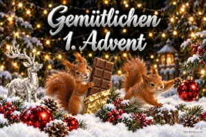 Zwei Eichhörnchen mit Schokoladentafel und Kugeln im Schnee, silberner Hirsch, Text: Gemütlichen 1. Advent