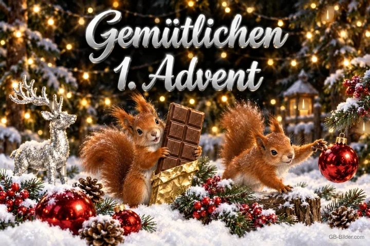 Zwei Eichhörnchen mit Schokoladentafel und Kugeln im Schnee, silberner Hirsch, Text: Gemütlichen 1. Advent