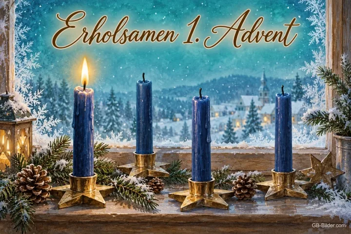 Vier blaue Kerzen auf Sternhaltern am Winterfenster, eine brennt, Text: Erholsamen 1. Advent Vier blaue Kerzen auf Sternhaltern am Winterfenster, eine brennt, Text: Erholsamen 1. Advent