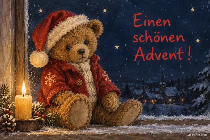Teddybär mit Weihnachtsmütze am Fenster neben einer Kerze, Text: Einen schönen Advent!