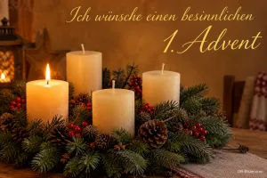 Adventskranz mit einer Kerze, Text: Ich wünsche einen besinnlichen 1