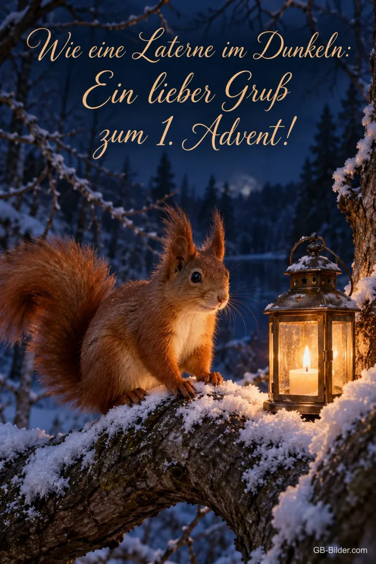 Eichhörnchen auf einem verschneiten Ast neben einer Laterne, Text: Wie eine Laterne im Dunkeln: – Ein lieber Gruß zum 1. Advent!