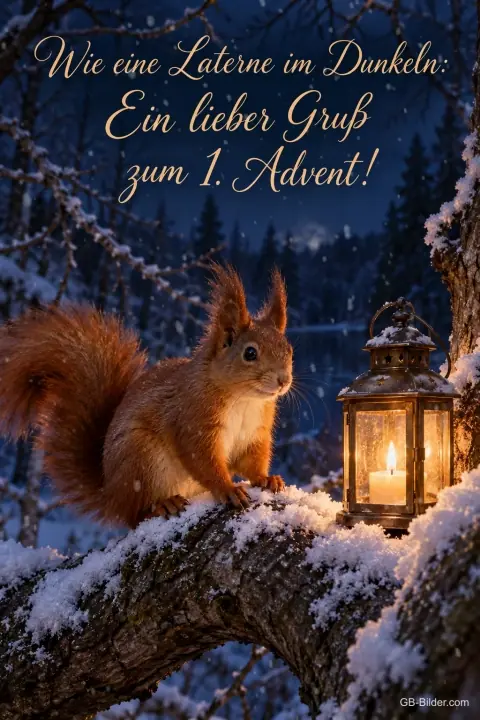 Eichhörnchen auf einem verschneiten Ast neben einer Laterne, Text: Wie eine Laterne im Dunkeln: – Ein lieber Gruß zum 1. Advent! Eichhörnchen auf einem verschneiten Ast neben einer Laterne, Text: Wie eine Laterne im Dunkeln: – Ein lieber Gruß zum 1. Advent!