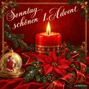 Brennende rote Kerze mit Weihnachtsstern und Kugel mit Weihnachtsmann, Text: Sonntag schönen 1. Advent