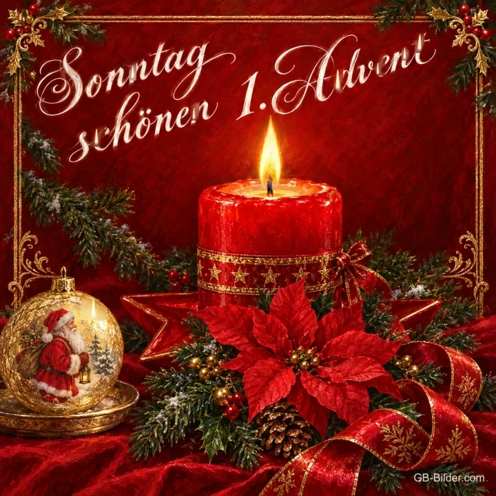 Brennende rote Kerze mit Weihnachtsstern und Kugel mit Weihnachtsmann, Text: Sonntag schönen 1. Advent