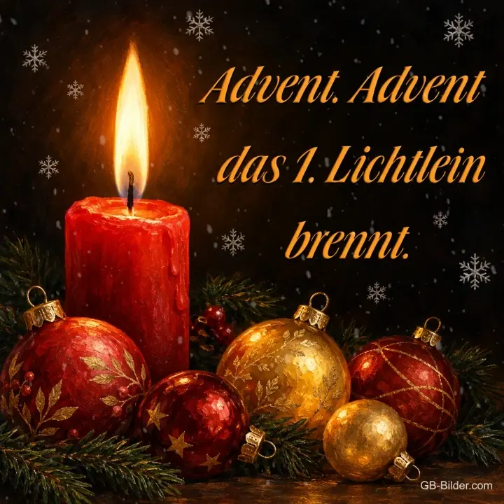Rote Kerze mit Christbaumkugeln, Text: Advent, Advent das 1