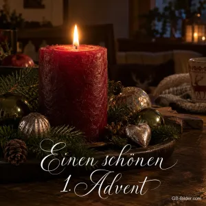 Rote Kerze mit Christbaumkugeln, Text: Einen schönen 1