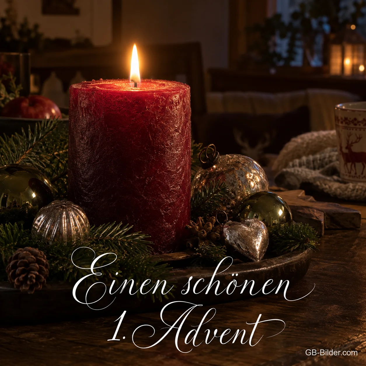 Rote Kerze mit Christbaumkugeln, Text: Einen schönen 1