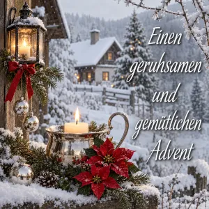 Kerze mit Laterne im Schnee, Text: Einen geruhsamen und gemütlichen Advent