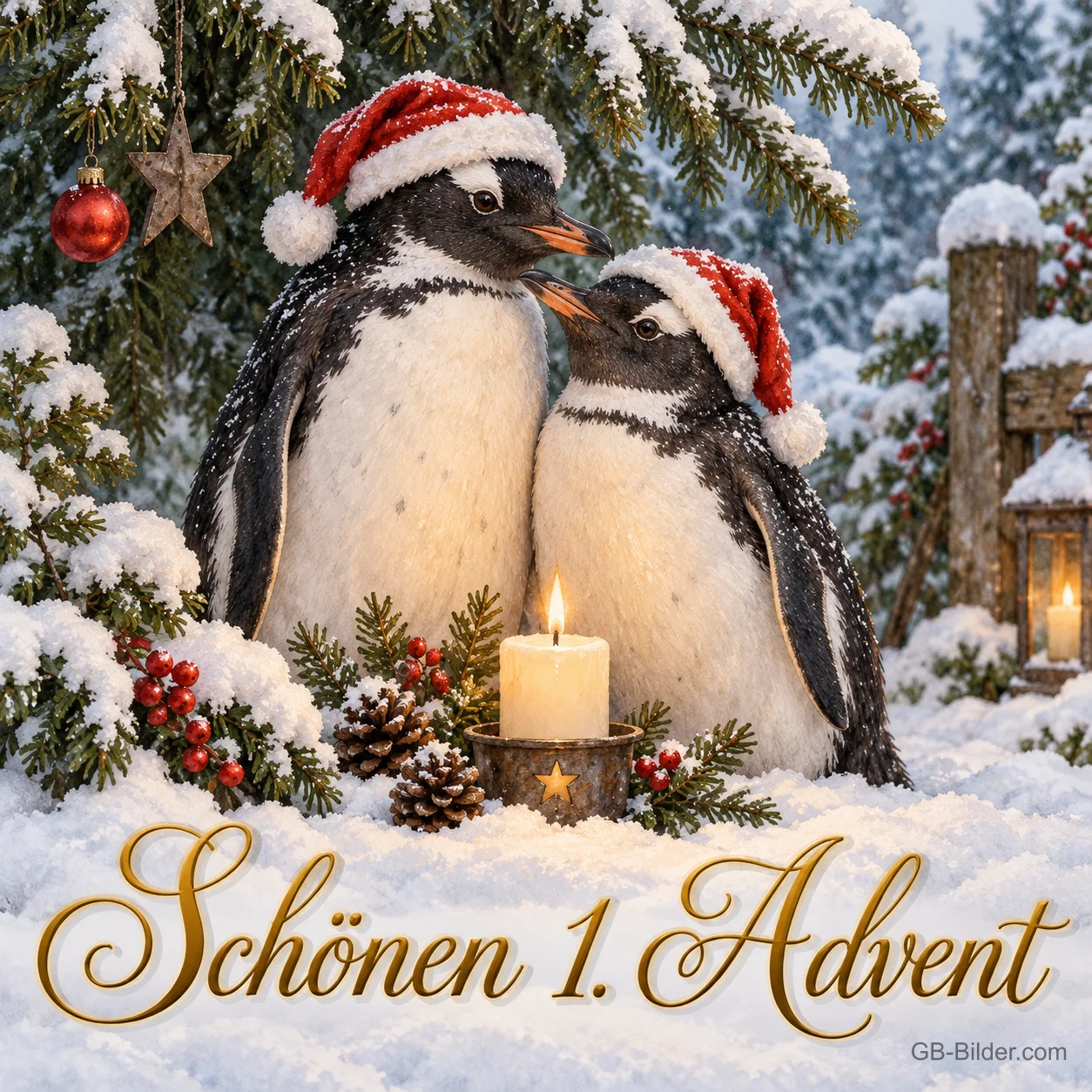 Pinguine mit Weihnachtsmützen, Text: Schönen 1