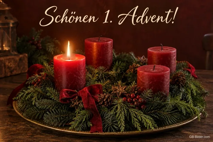 Adventskranz mit einer brennenden Kerze, Text: Schönen 1
